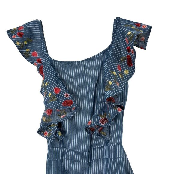 Wide Leg Jumpsuit L Blue Pin Striped Floral Embroidered Ruffle San Joy Open Back - Picture 2 of 11